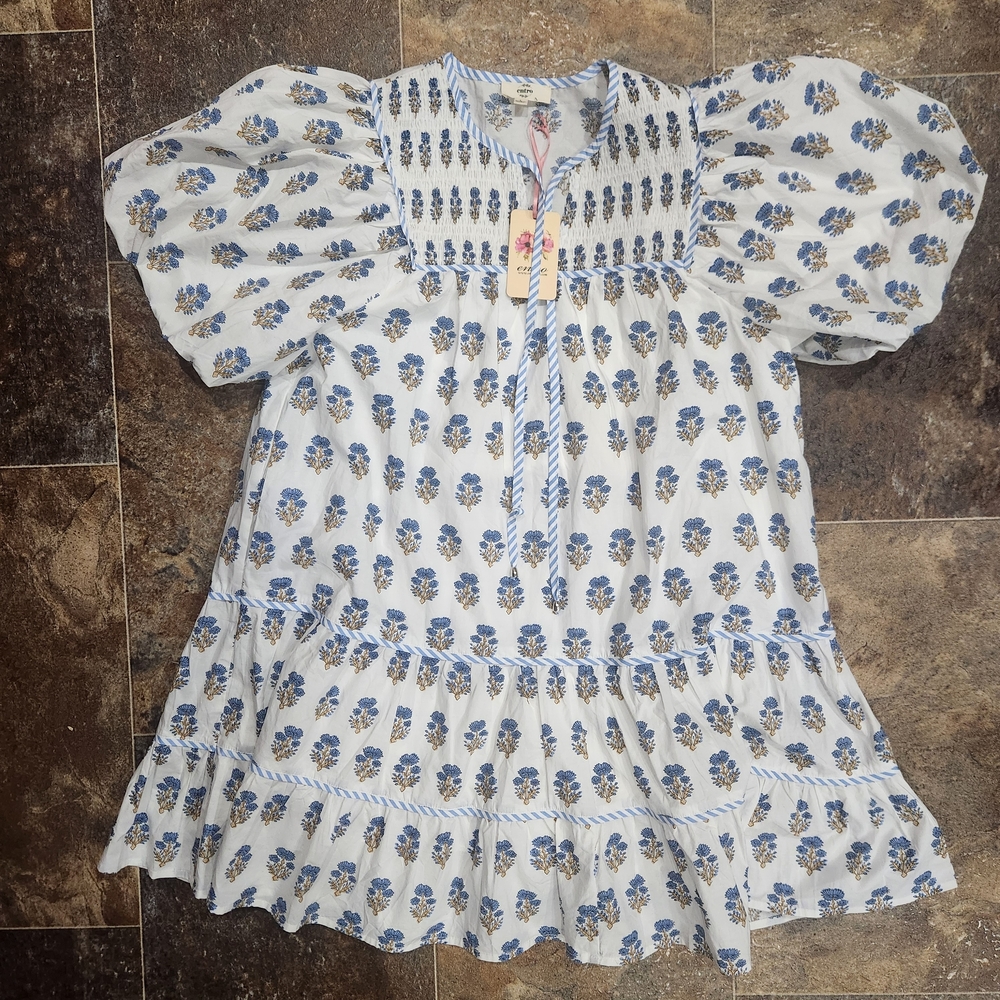 NEW Entro Dress Womens Lg Blue White Spring Has Sprung Puff Sleeve Scallop Trim